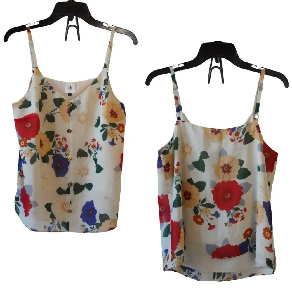 Cabi, Floral Faux Button Front‎ Sleeveless Camisole Tank Top, Cream, Multi
